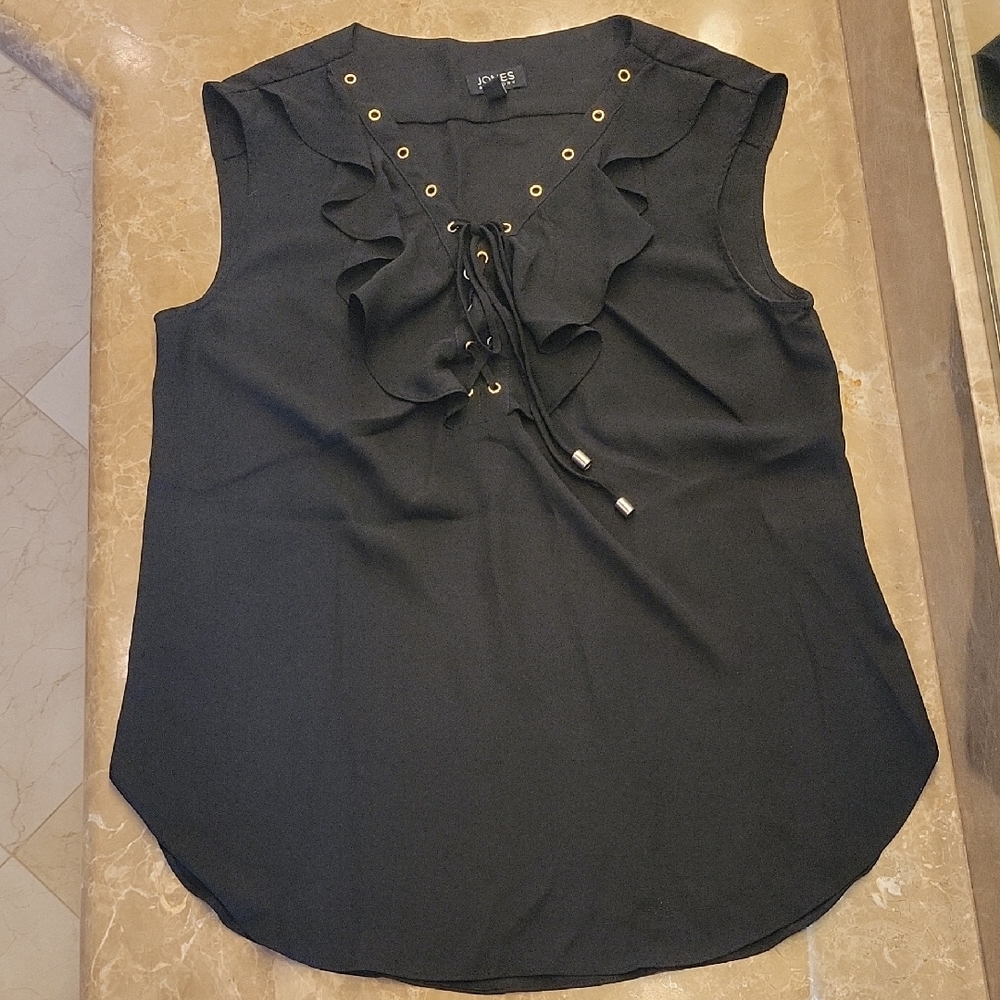 Jones New York Sleeveless Black Blouse w/ Gold Accents Drawstring Neckline, M